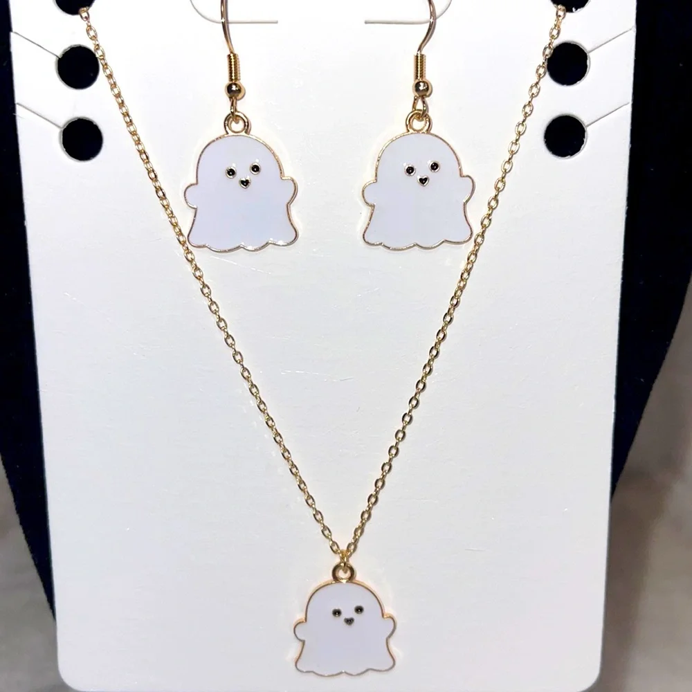 White Ghost Dangling Drop Darrings and Ghost Necklace - Picture 1 of 5